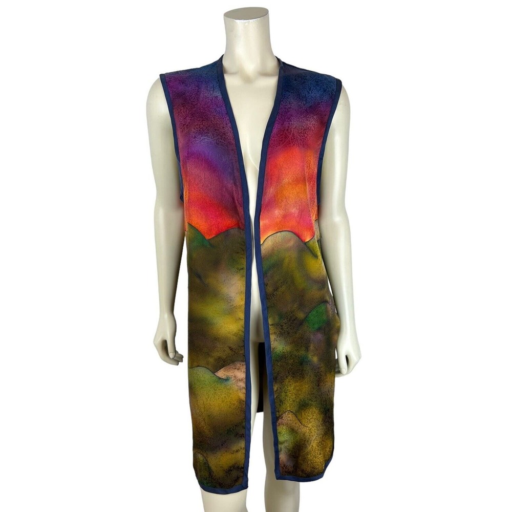 Wearable Art to Wear Sleeveless Duster Vest Size M Silk Hand Painted Open Front